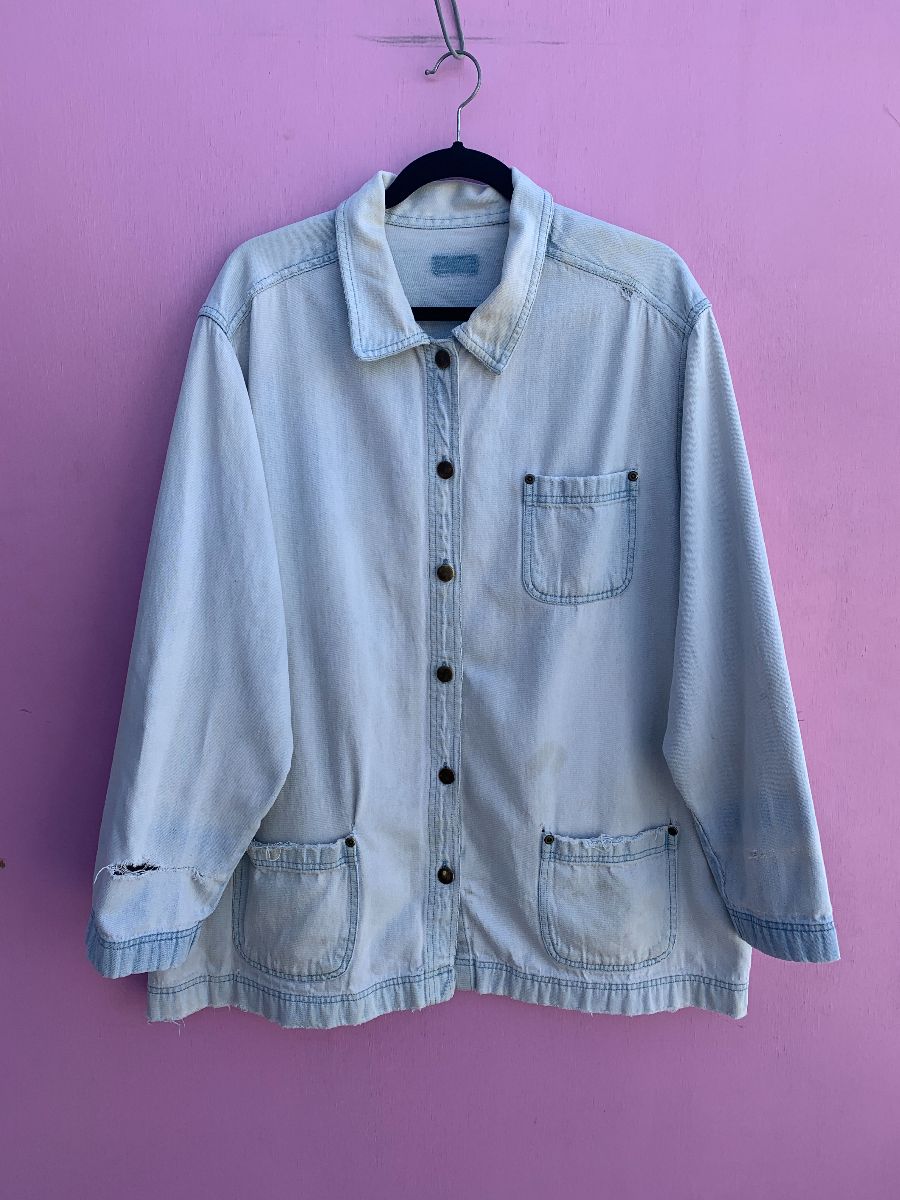 product details: *AS-IS* KILLER DISTRESSED OVERBLEACHED BUTTON UP DENIM CHORE JACKET photo