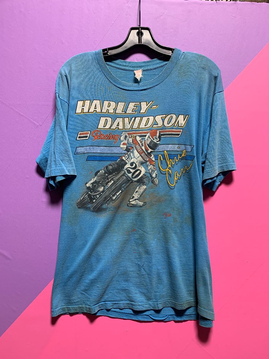 product details: THRASHED RAD, DISTRESSED 1980S CHRIS CAM HARLEY DAVIDSON RACING T-SHIRT 100% COTTON AS-IS photo