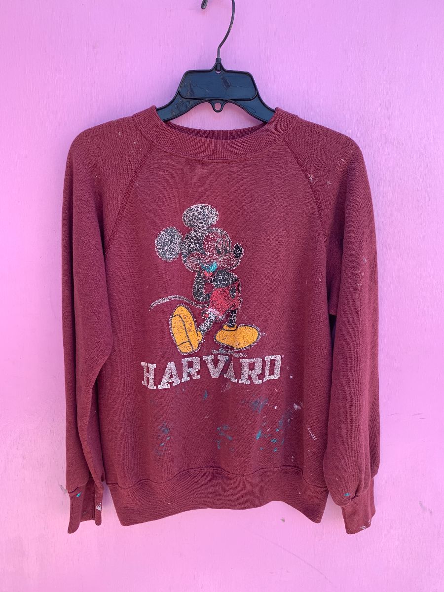 product details: *AS-IS* HEAVILY DISTRESSED & FADED MICKEY MOUSE HARVARD DESIGN CREWNECK SWEATSHIRT photo