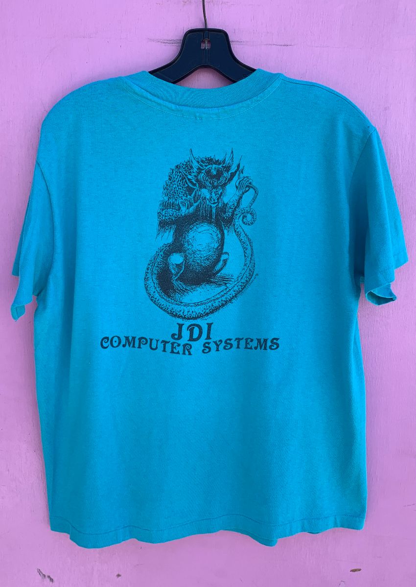 product details: *AS-IS* FUNKY JDI COMPUTER SYSTEMS LOGO FRONT POCKTED T-SHIRT photo