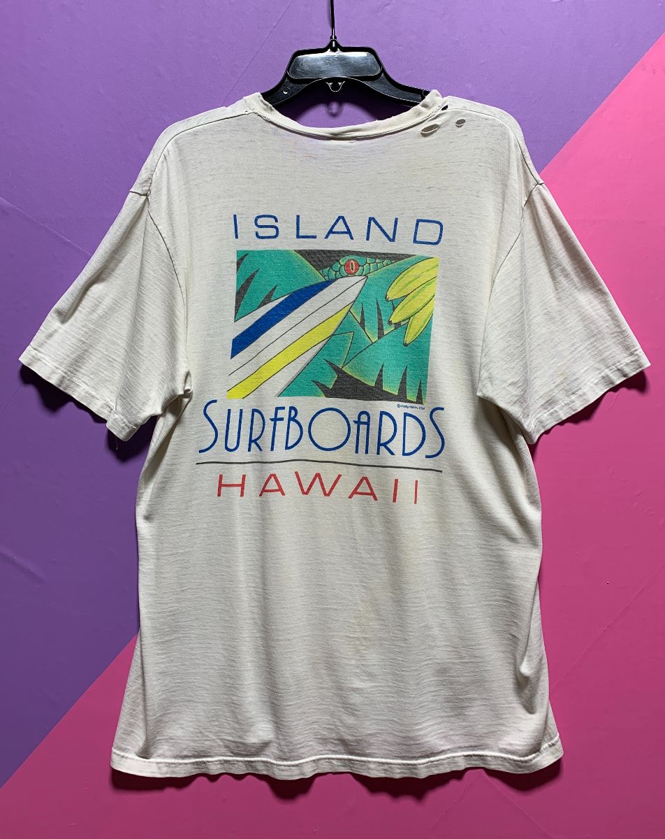 product details: *AS-IS* LIGHTLY DISTRESSED ISLAND SURFBOARDS HAWAII LOGO SINGLE STITCH T-SHIRT photo