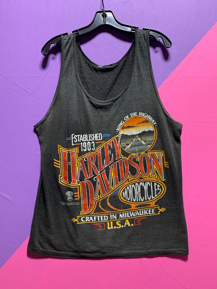 product details: *AS-IS* 1980S DISTRESSED HARLEY DAVIDSON MADE IN THE USA PAPER THIN SLEEVELESS T-SHIRT photo
