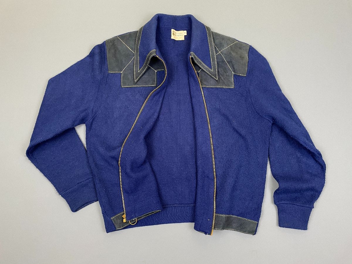 product details: RETRO 1960S ORLON ACRYLIC ZIP UP KNIT CARDIGAN SWEATER BLUE SUEDE ACCENTS & CONTRAST STITCHING AS-IS photo