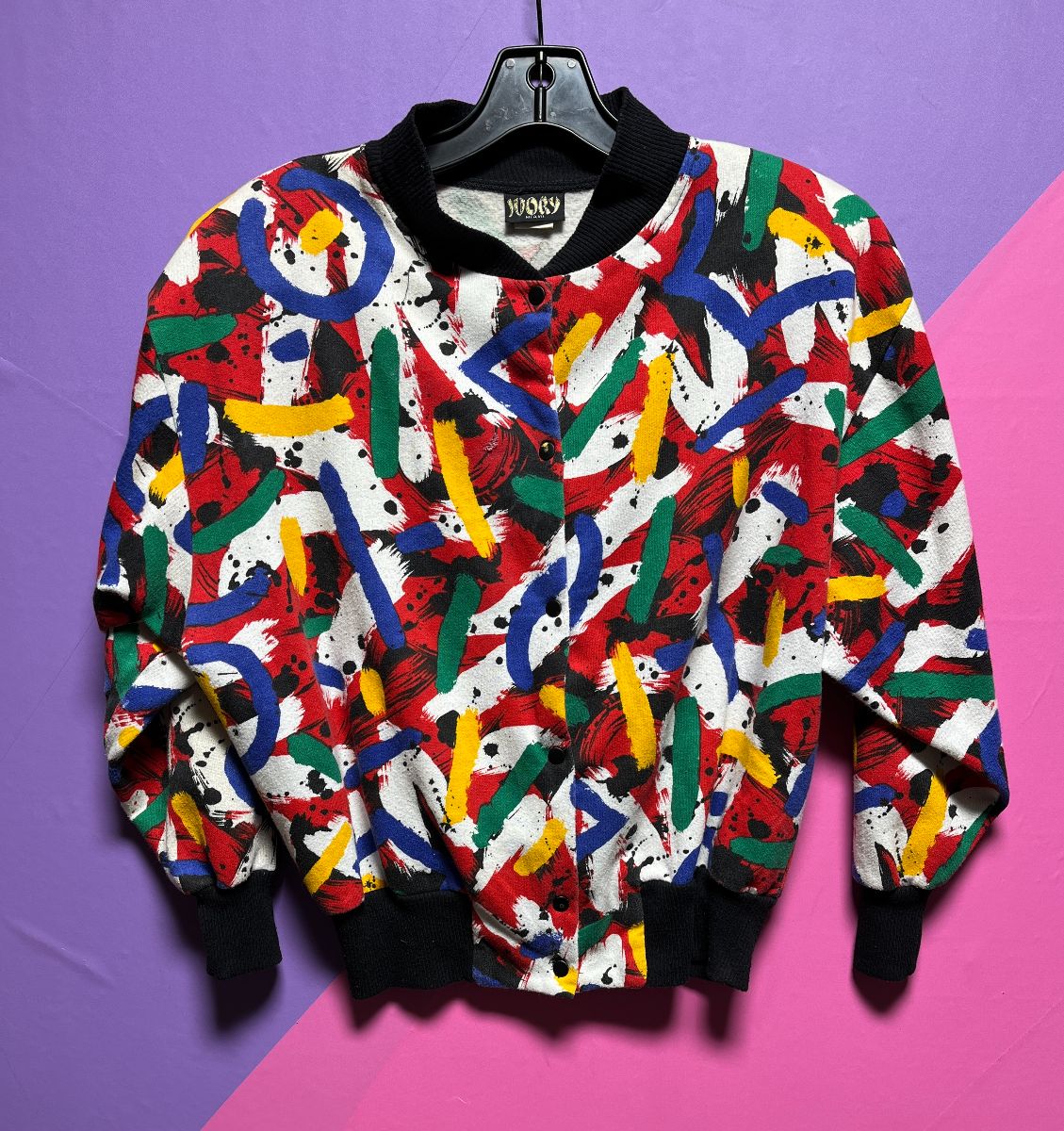 product details: FUN! 1980S ALLOVER PAINTED PRINT BUTTON DOWN SWEATSHIRT photo
