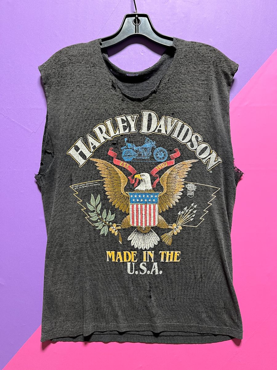 product details: *AS-IS* 1980S 50/50 THREADBARE HARLEY DAVIDSON SHEER PAPER THIN TANK TOP photo