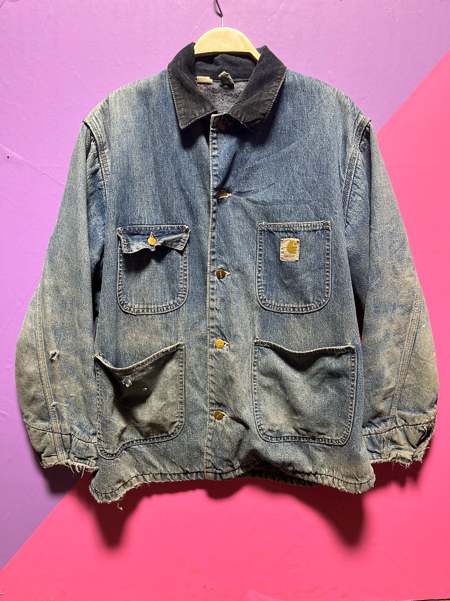 product details: CARHARTT DENIM CHORE JACKET W/ CORDUROY COLLAR AND BLANKET LINING AS-IS photo