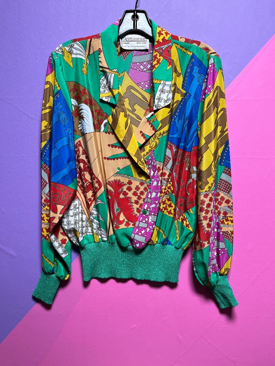product details: 1980S-90S ALLOVER BAROQUE STYLE PRINT BANDED & COLLARED BLOUSE photo