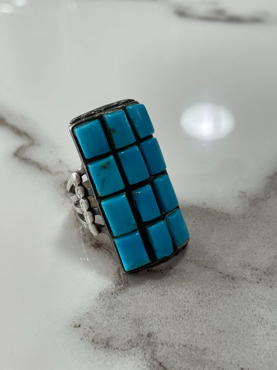 product details: ZUNI RECTANGULAR TURQUOISE CLUSTER GRID INLAY 925 STERLING SILVER RING *SIGNED photo