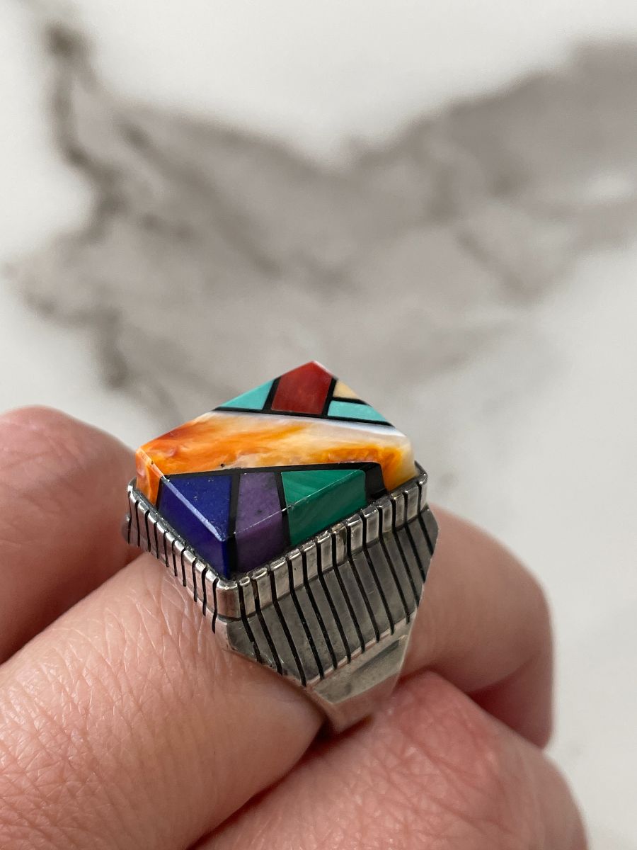 product details: GEOMETRIC MULTI STONE INLAY RING 925 STERLING SILVER *SIGNED BLACK photo