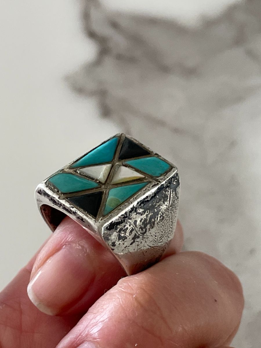 product details: TURQUOISE, BLACK JET & WHITE MOP GEOMETRIC INLAY SQUARE RING 925 STERLING SILVER photo