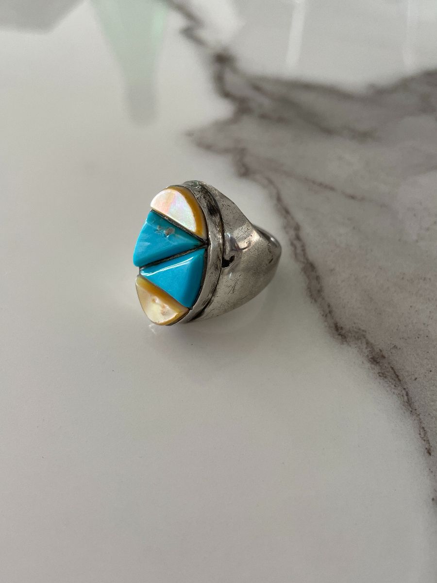 product details: OVAL 925 STERLING SILVER TURQUOISE & SPINY OYSTER INLAY RING photo