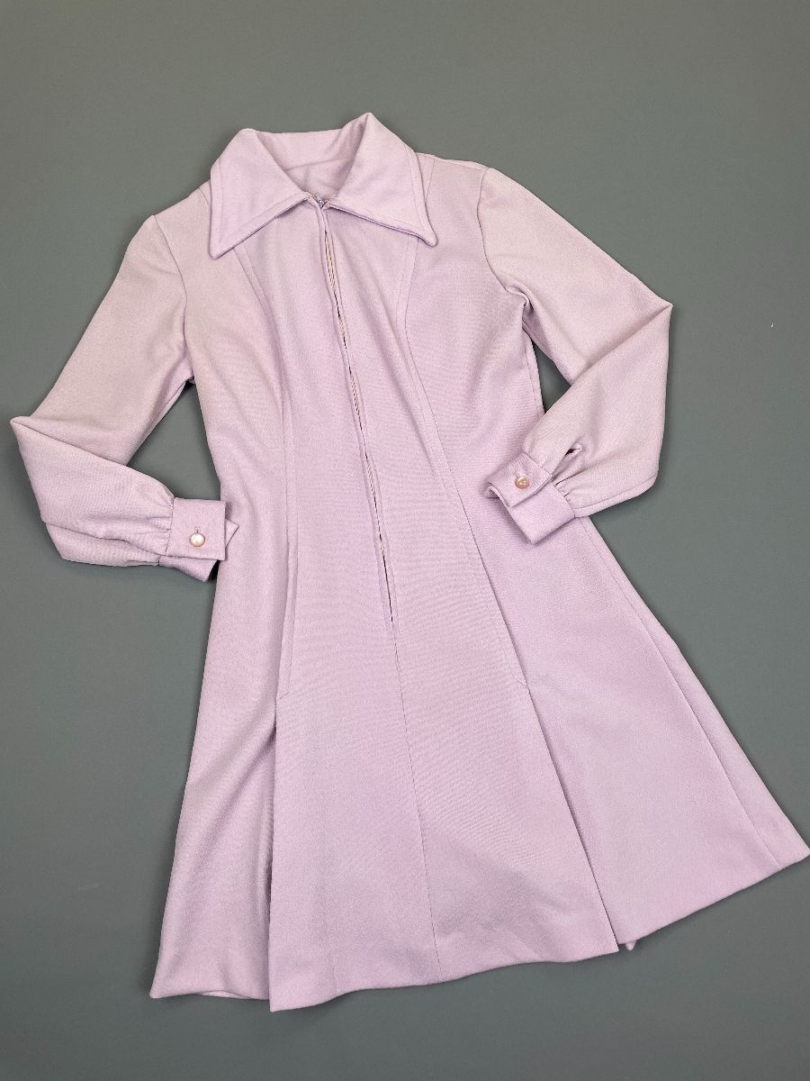 product details: LATE 1960S EARLY 1970S LONG SLEEVE LAVENDER COLLARED POLYESTER MINI DRESS photo