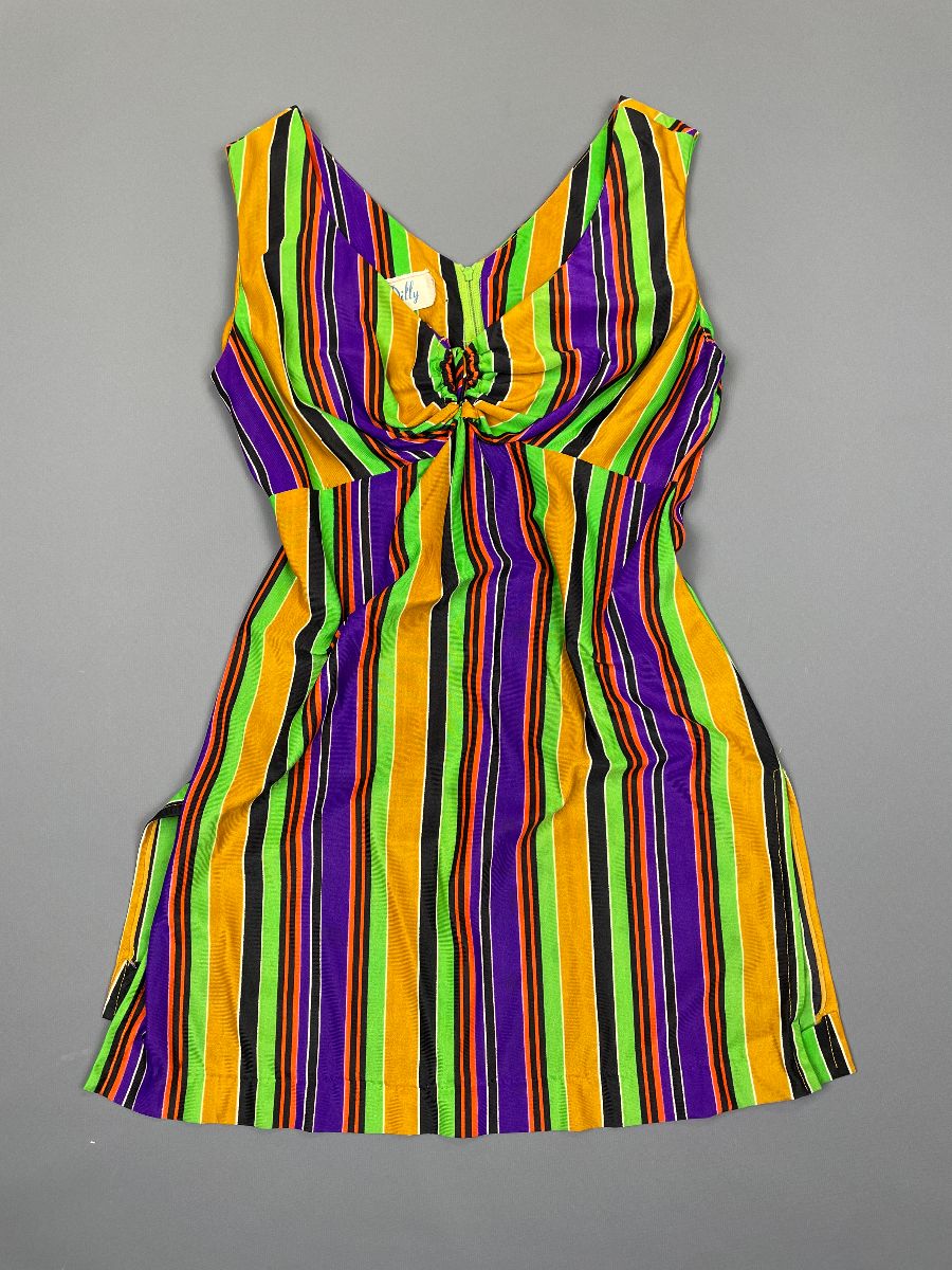 product details: SOOO CUTE! 1960S MULTICOLORED VERTICAL STRIPED MINI DRESS RUCHED KEYHOLE BODICE photo