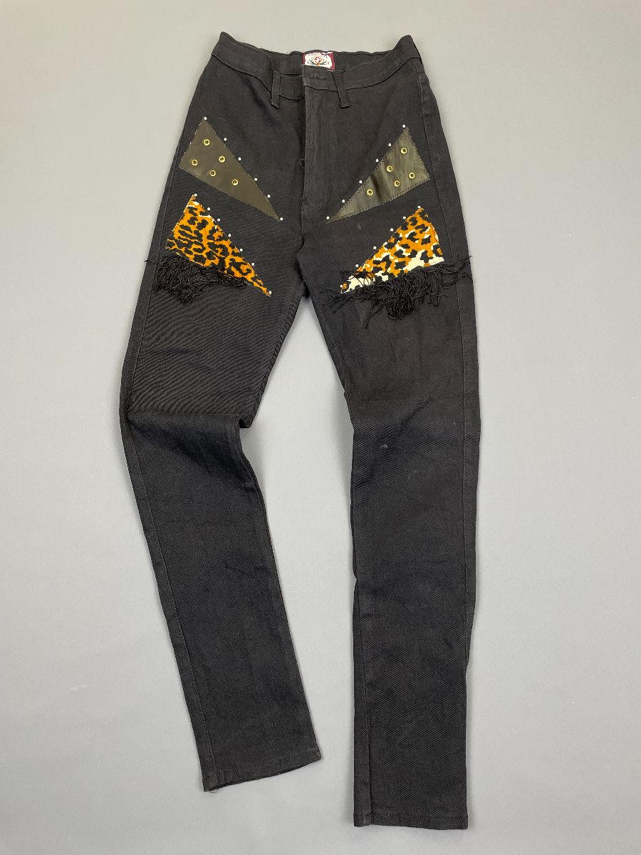 product details: 1980S-90S PATCHWORK GOLDEN STAR BLACK SKINNY STRETCH JEANS photo