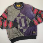 COOGI STYLE SWEATER WITH GEOMETRIC LEATHER PATCHWORK DESIGN