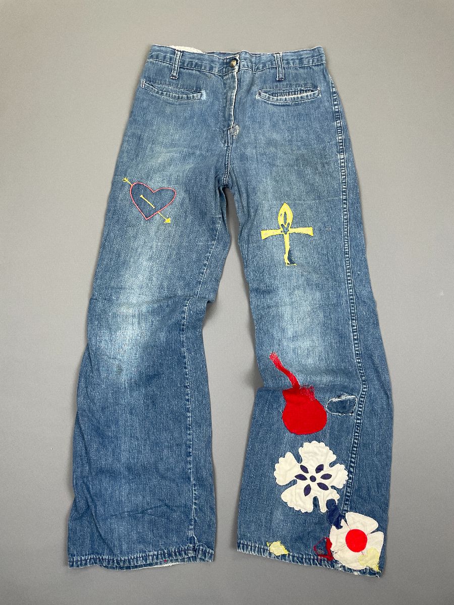 product details: AMAZING!! 1970S BELL BOTTOM DENIM JEANS WITH EMBROIDERED APPLIQUE DESIGNS photo