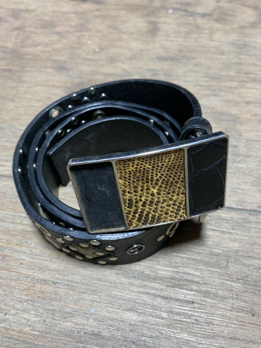product details: AS-IS PRADA STUDDED LEATHER BELT W/ SNAKESKIN PATCHES AND GROMMETS photo