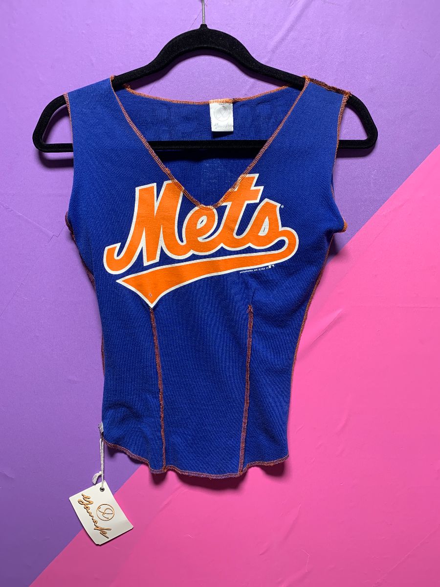 product details: 1995 REWORKED METS COLD SHOULDER JERSEY TOP W/ EXPOSED SEAMS photo