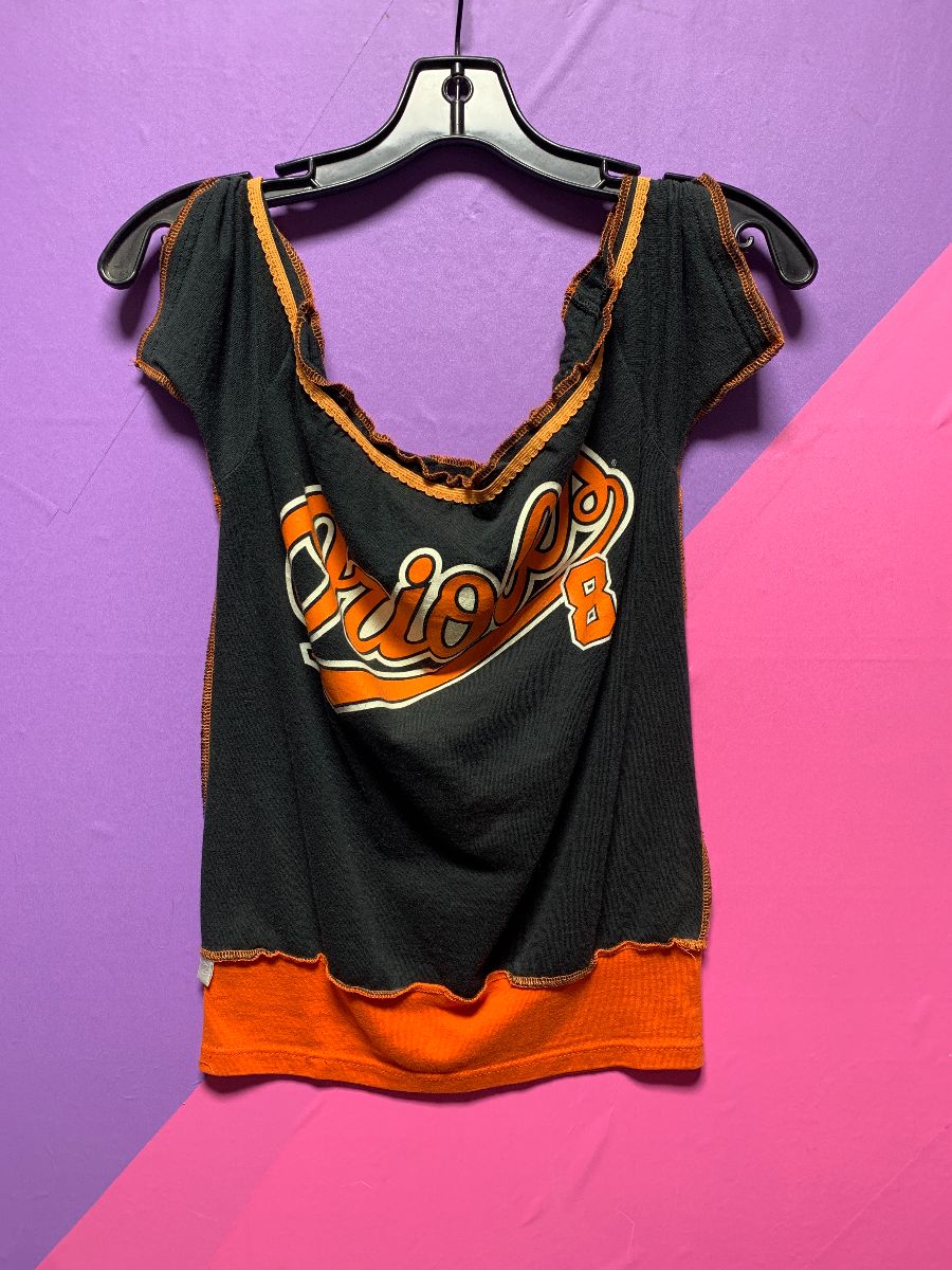 product details: BALTIMORE ORIOLES REWORKED BASEBALL SHIRT #8 EXPOSED SEAMS photo