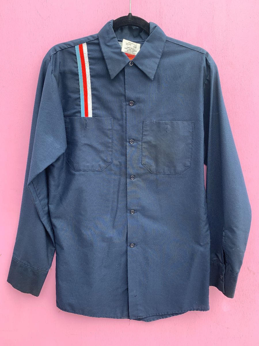 product details: AS-IS LONG SLEEVE BUTTON UP WORKWEAR SHIRT W/ STRIPED ELASTIC SIDE DETAIL photo