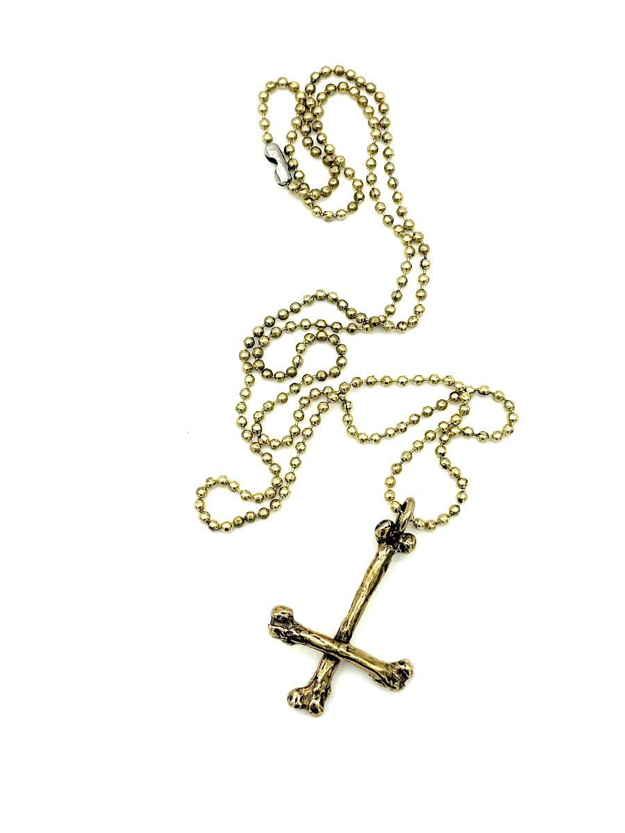 product details: INVERTED BONE CROSS SOLID BRASS PENDANT NECKLACE photo