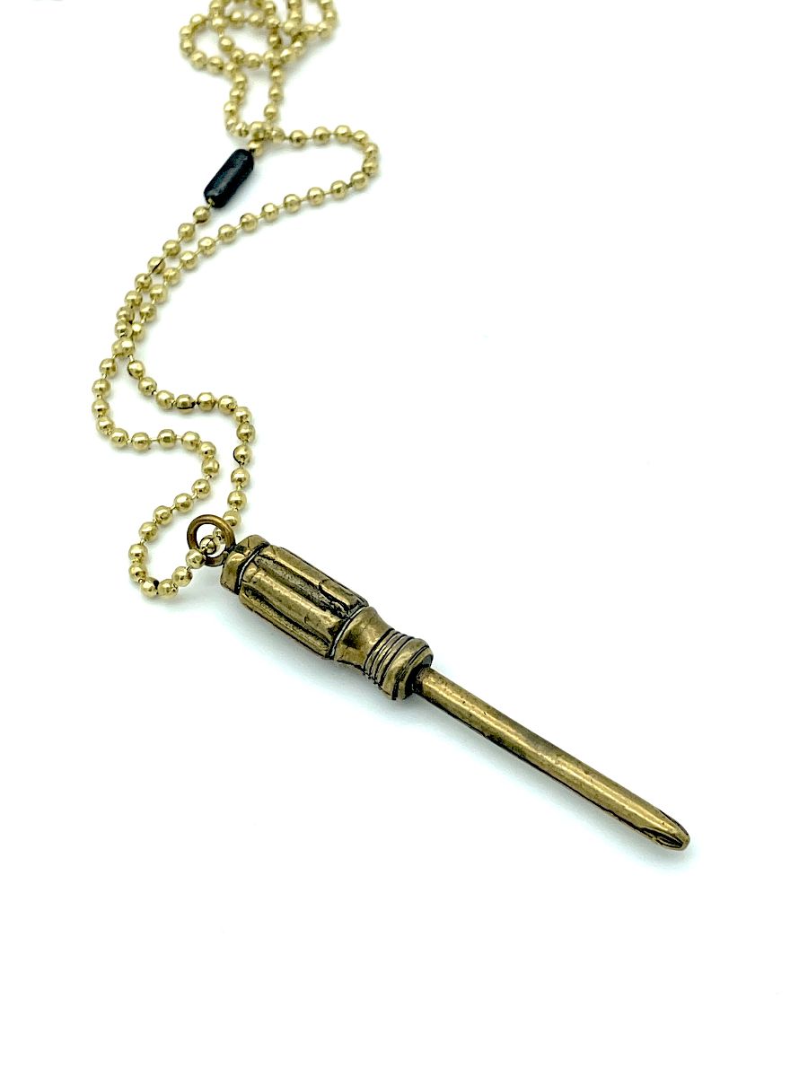 product details: MINIATURE REPLICA SCREW DRIVER HEAVY SOLID BRASS PENDANT NECKLACE photo