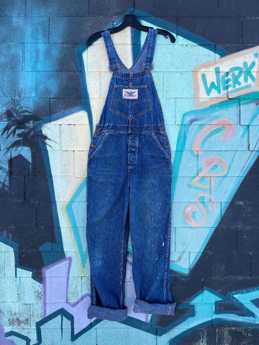 product details: *AS-IS* RARE! LEVIS ORANGE TAB DISTRESSED CLASSIC WASH DENIM OVERALLS photo