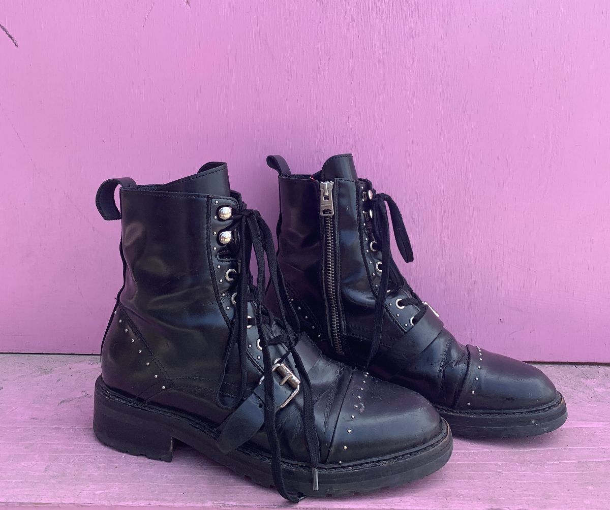 product details: *SOLD *AS-IS* LEATHER BOOTS WITH BELT AND SIDE ZIPPER photo
