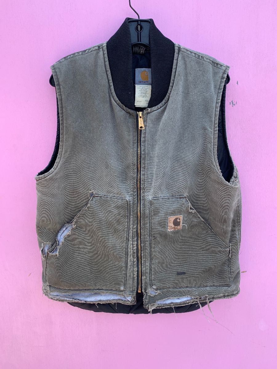 product details: HEAVILY DISTRESSED CARHARTT DENIM ZIP UP WORKWEAR VEST AS-IS photo