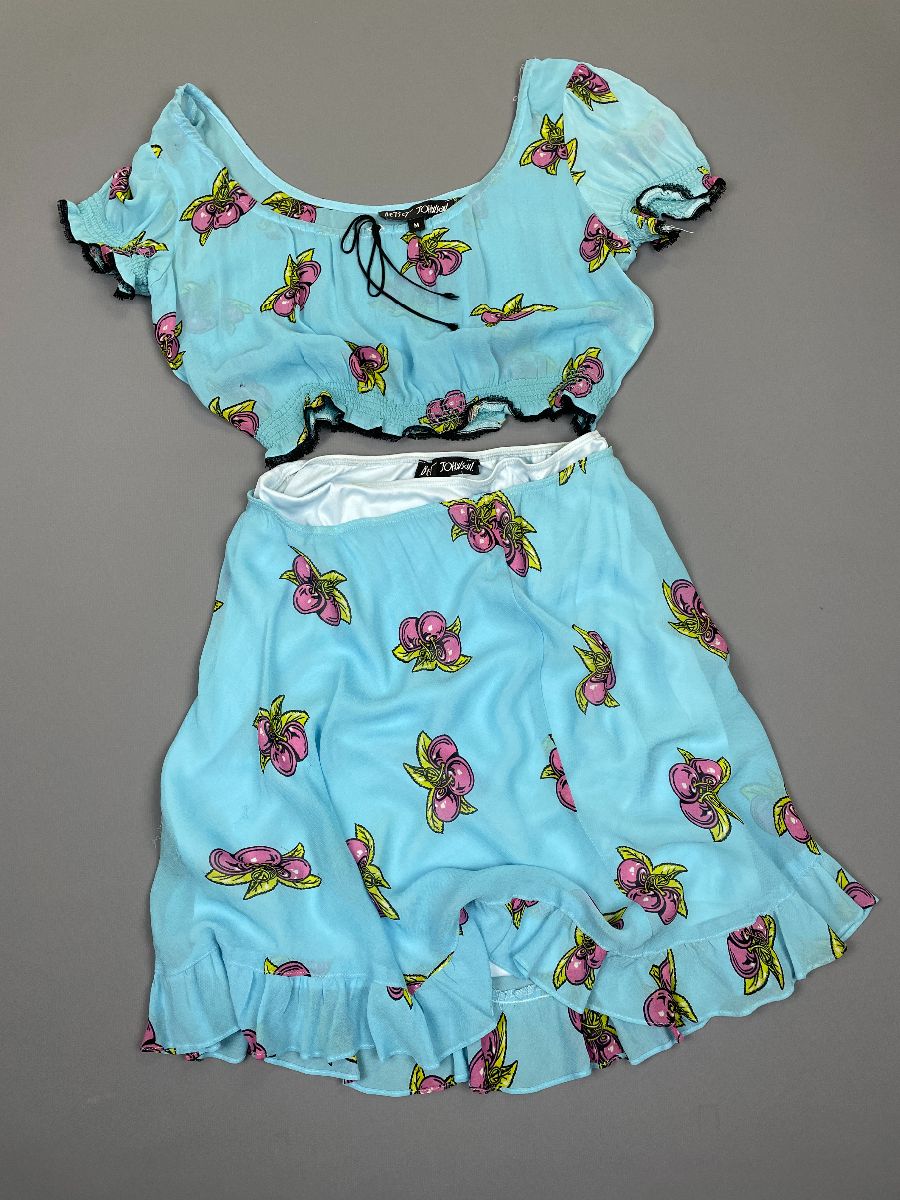 product details: *AS-IS* AMAZING! MADE IN USA 1990S BETSEY JOHNSON SHEER ALLOVER CHERRY PRINT 2 PIECE SET photo