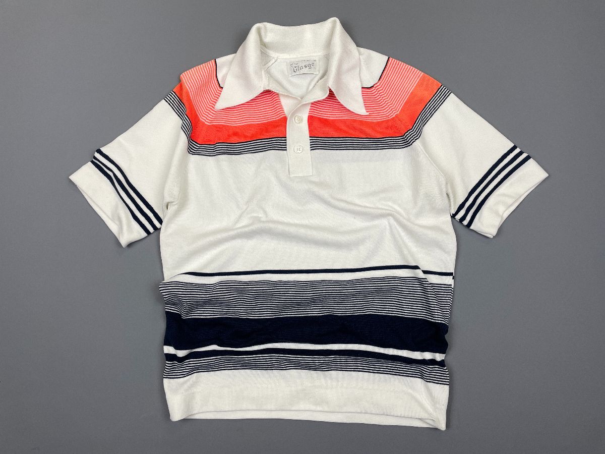product details: 1970S RETRO STRIPED KNIT POLO SHIRT EXAGGERATED BUTTERFLY COLLAR photo