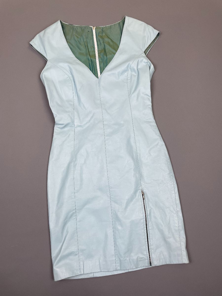 product details: 1980S BABY BLUE LEATHER IRIDESCENT LINED MINI DRESS SWEETHEART NECKLINE SIDE ZIPPER DETAIL photo