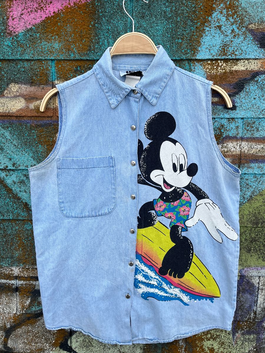 product details: SURFING MICKEY MOUSE SLEEVELESS DENIM BUTTON UP SHIRT photo
