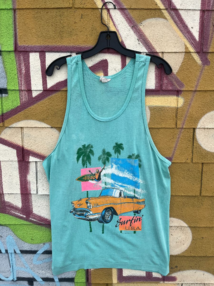 product details: THREADBARE AMAZING SURFIN USA 57 CHEVY GRAPHIC TANK TOP photo
