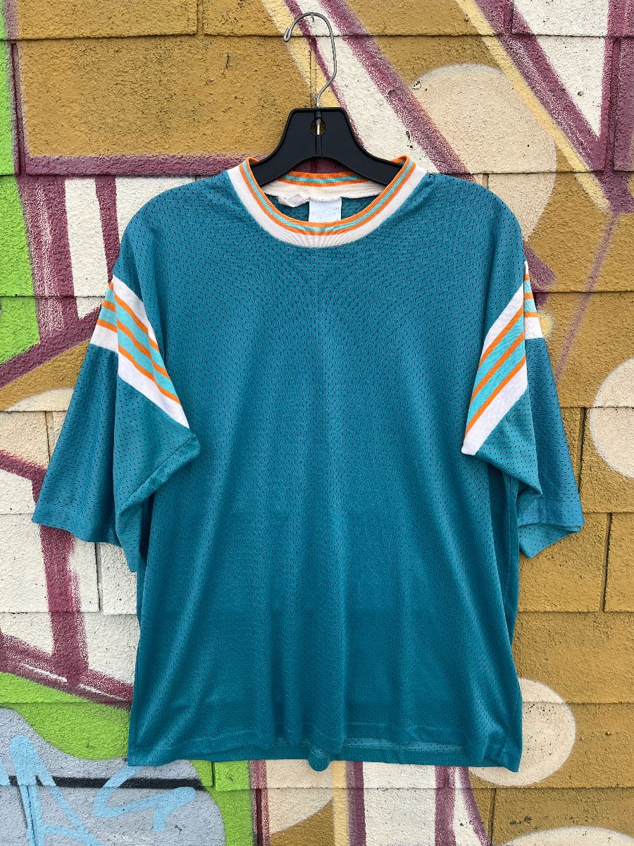 product details: *AS-IS* RETRO TEAL MESH PRACTICE FOOTBALL JERSEY W/ STRIPE SHOULDERS photo