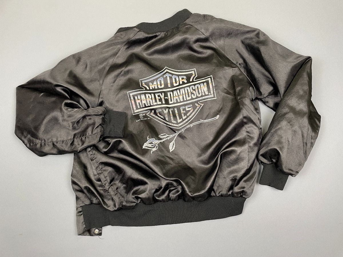 product details: *AS-IS* HARLEY DAVIDSON SILK SCREEN GRAPHIC SATIN BUTTON UP JACKET photo