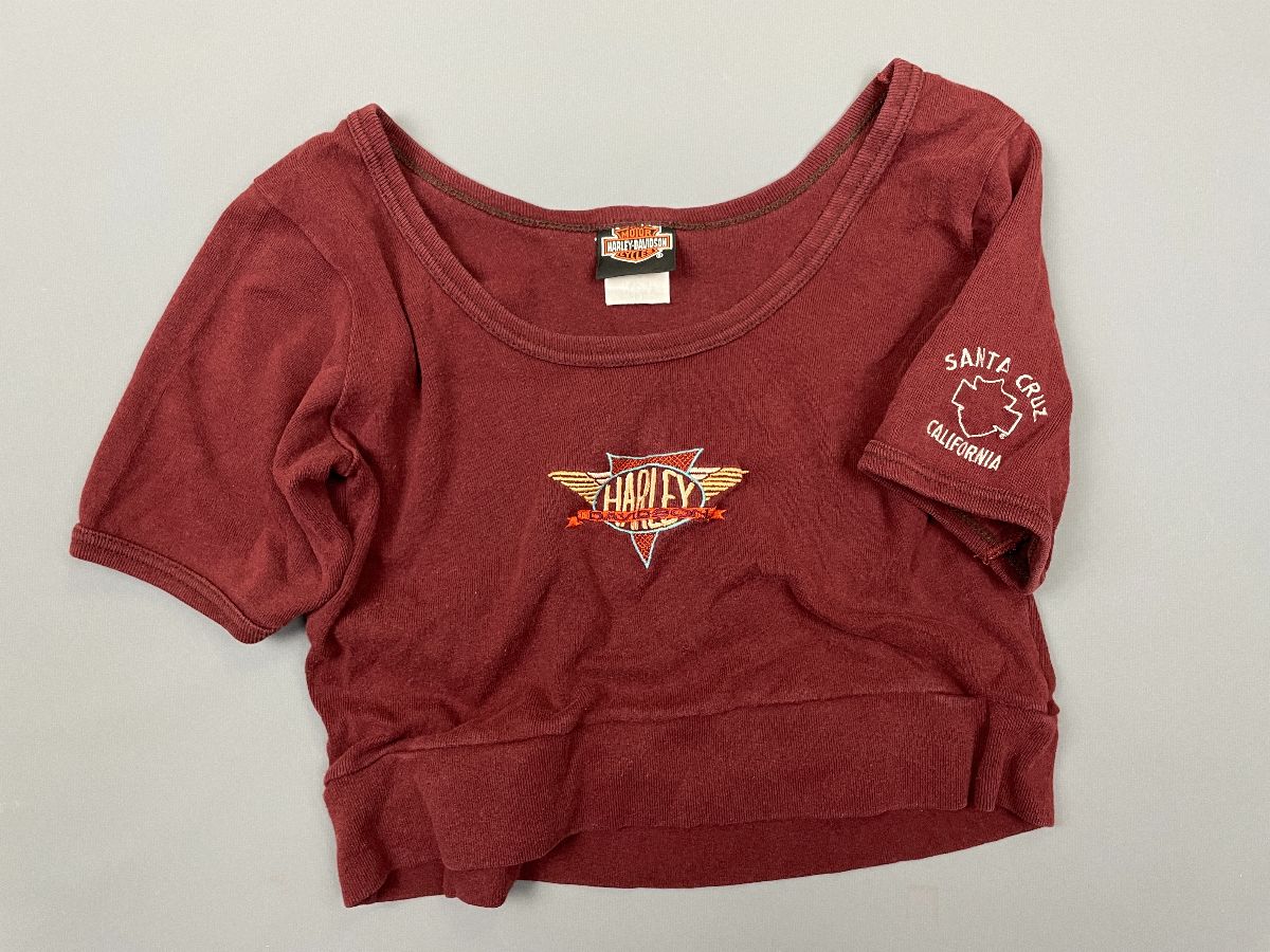 product details: 1990S HARLEY DAVIDSON EMBROIDERED LOGO CROPPED TOP BABY RIBBED TEE photo