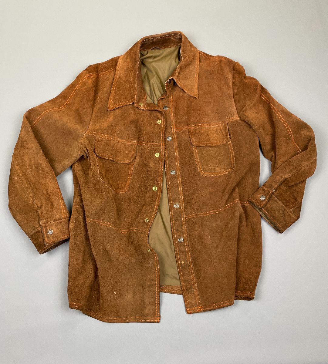 product details: 1970S HEAVY SUEDE SNAP BUTTON UP JACKET W/ SATIN LINING photo