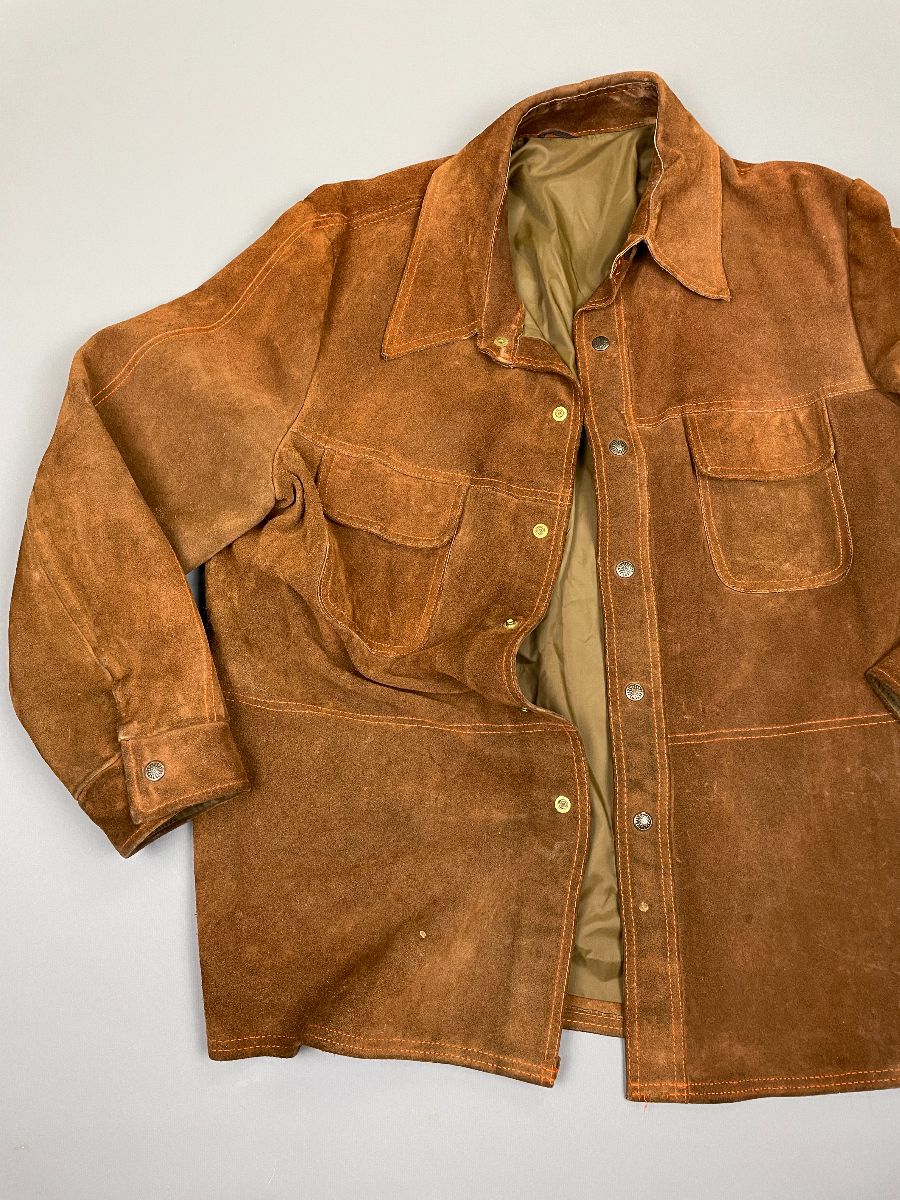 1970s Heavy Suede Snap Button Up Jacket W/ Satin Lining