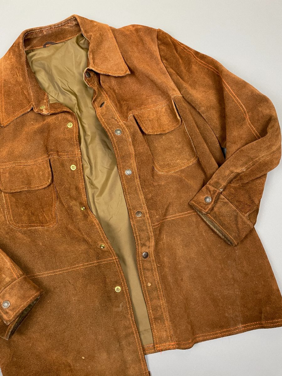 1970s Heavy Suede Snap Button Up Jacket W/ Satin Lining