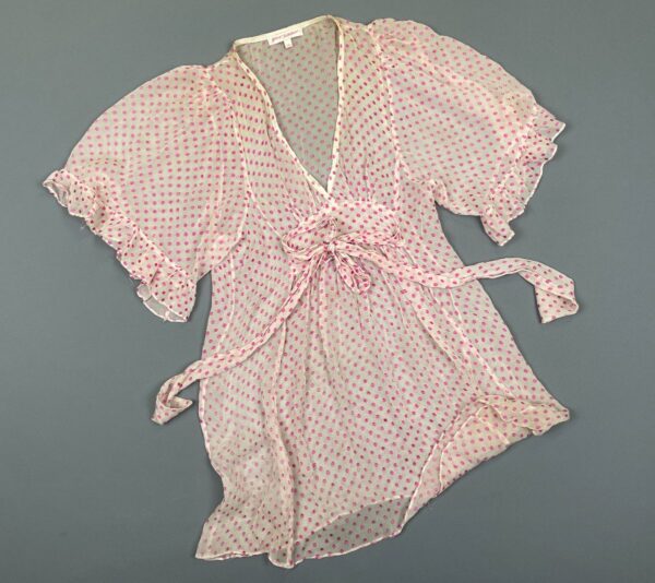 *AS-IS* SHEER 100% SILK FLOCKED POLKA DOT TUNIC BLOUSE/ MINI DRESS BILLOWING SLEEVES
