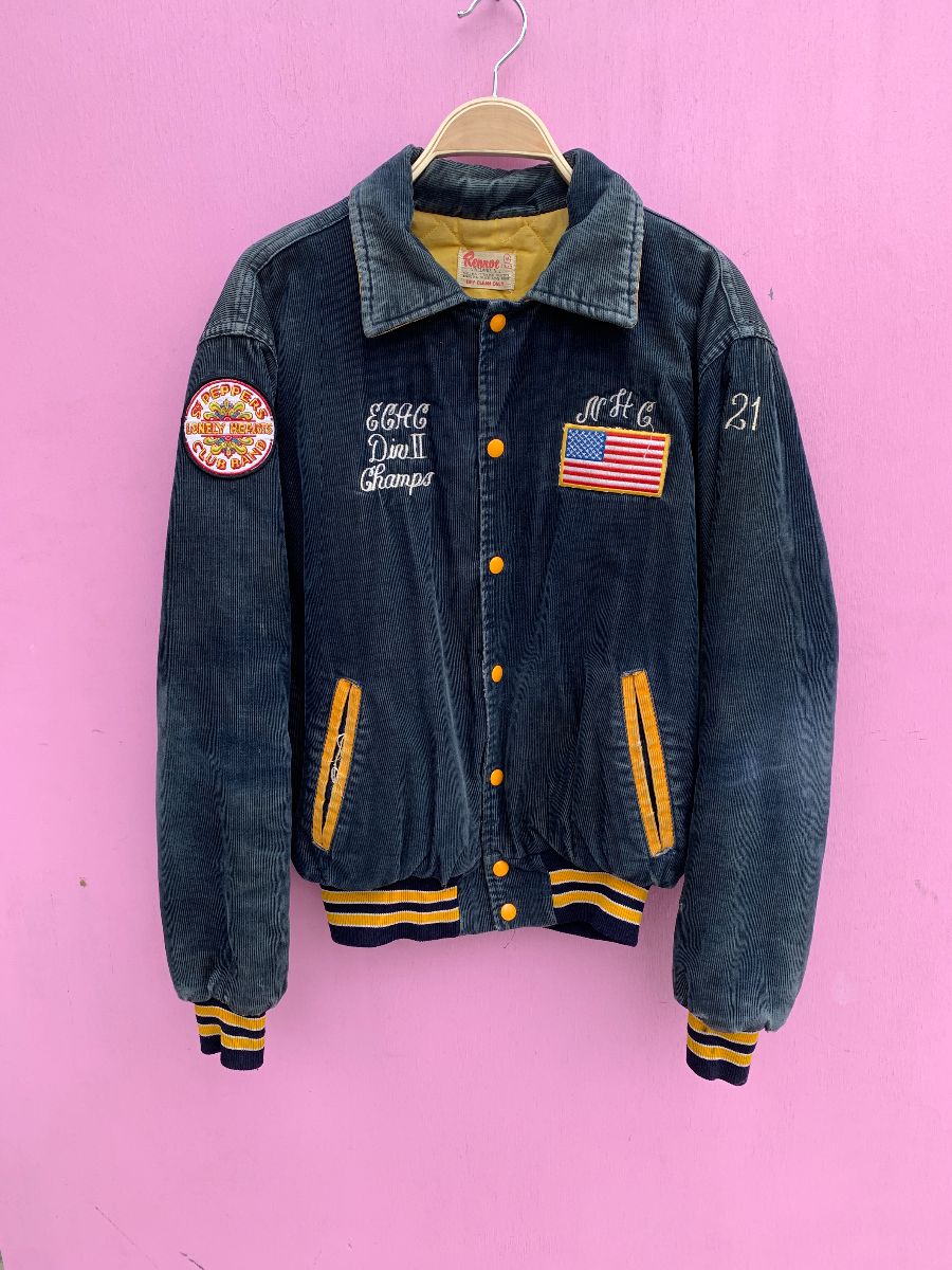 product details: CORDUROY VARSITY SNAP UP BOMBER JACKET W/ PATCHES AND EMBROIDERY photo