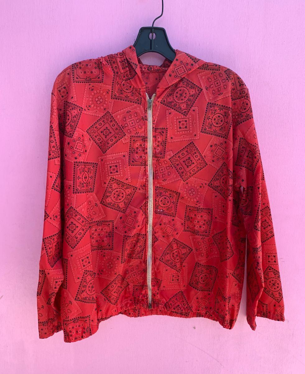 product details: *AS-IS* RETRO ALLOVER PAISLEY BANDANA PRINT ZIP UP HOODED WINDBREAKER JACKET SMALL FIT photo