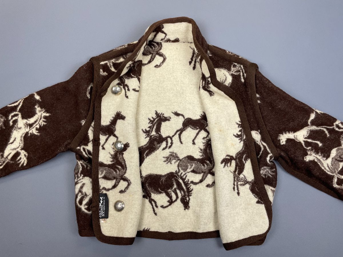 product details: 100% WOOL REVERSIBLE RUNNING HORSE PRINT BUTTON UP BLANKET JACKET SILVER BUTTONS photo