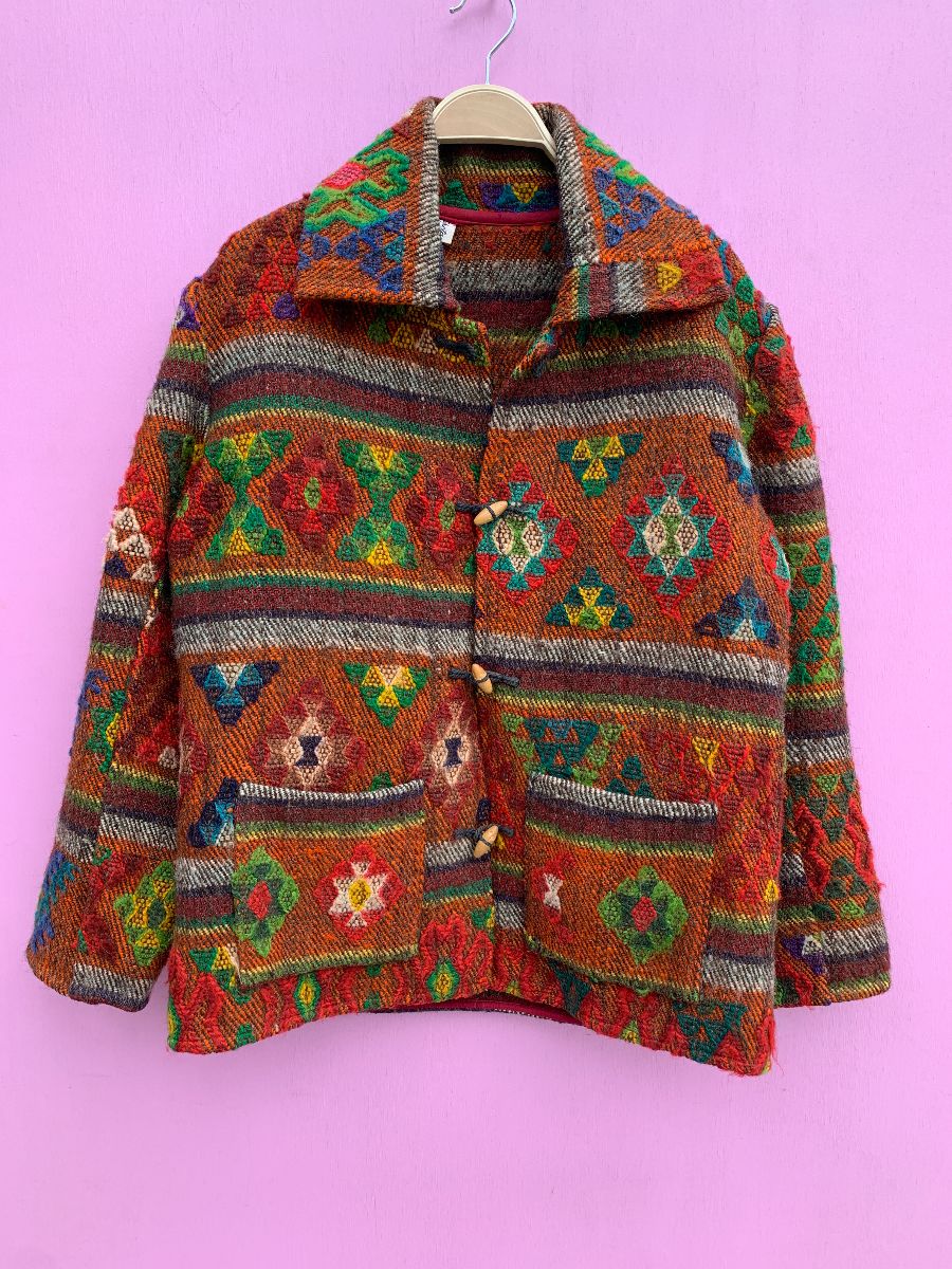 product details: BRIGHT! HEAVY WOVEN WOOL KNIT TEXTILE JACKET GEOMETRIC PATTERN WOOD TOGGLE BUTTONS photo