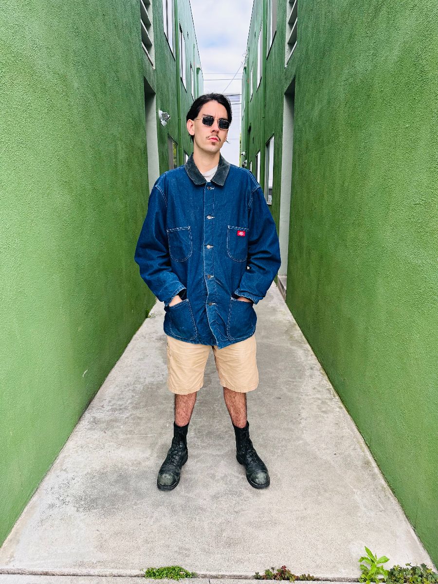 product details: DICKIES DARK WASH BUTTON UP CHORE JACKET W/ CORDUROY COLLAR AND BLANKET LINING photo