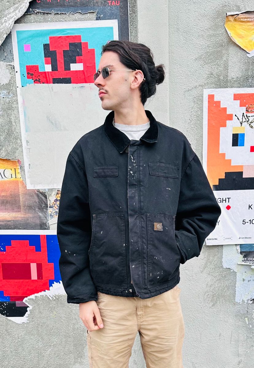 product details: AS-IS OVERDYED CARHARTT CHORE JACKET W/ CORDUROY COLLAR AND SATIN LINING photo