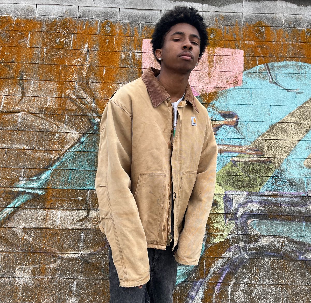 product details: *AS-IS* DISTRESSED CLASSIC CARHARTT CHORE JACKET W/ CORDUROY COLLAR AND SATIN LINING photo