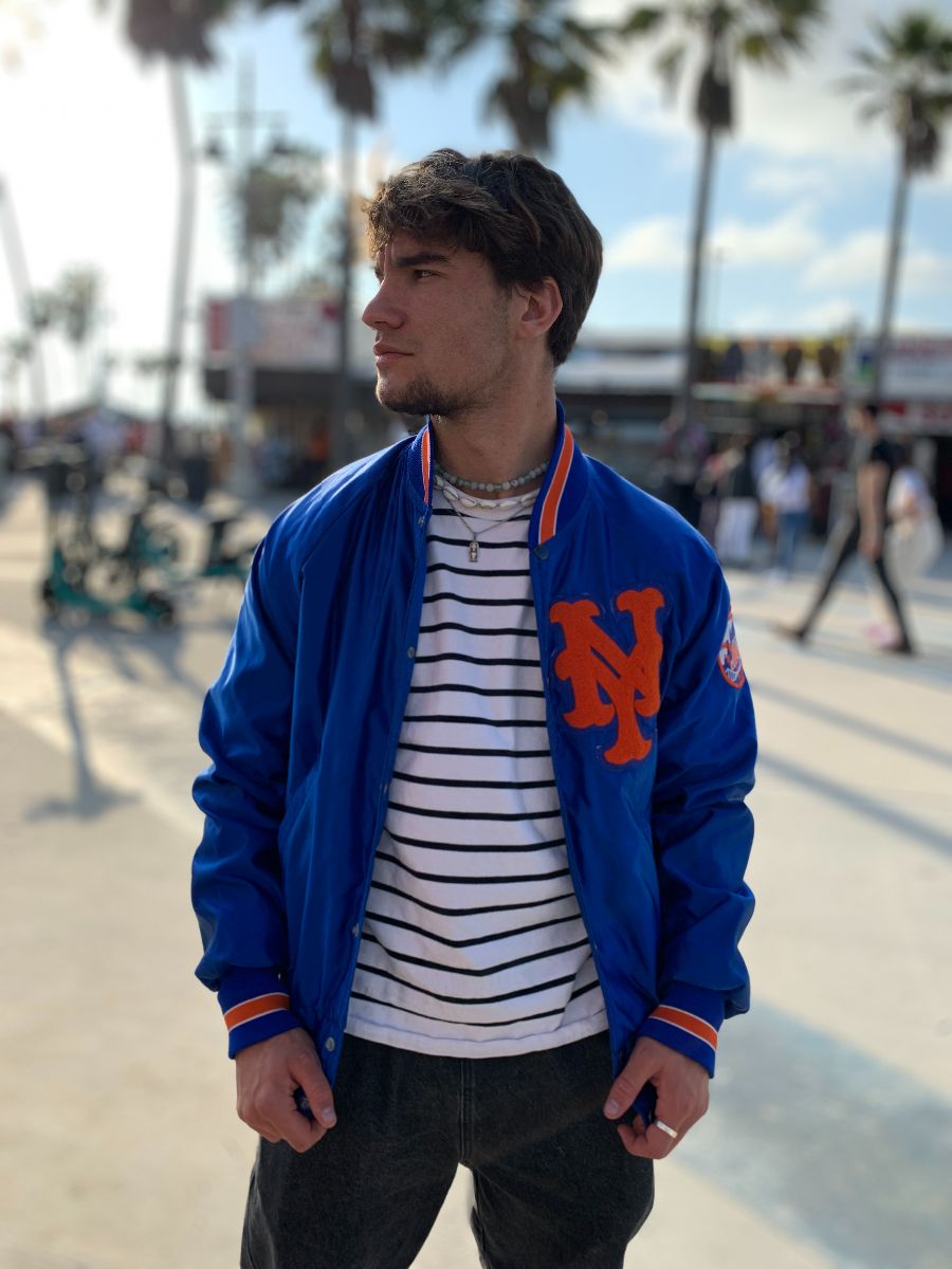 product details: AS-IS MLB NEW YORK METS SATIN BUTTON UP STARTER JACKET W/ CHENILLE LOGO photo