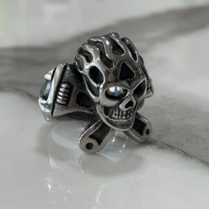 Photo detail:FLAMING SKULL WITH CROSSED WRENCHES STAINLESS STEEL BIKER RING